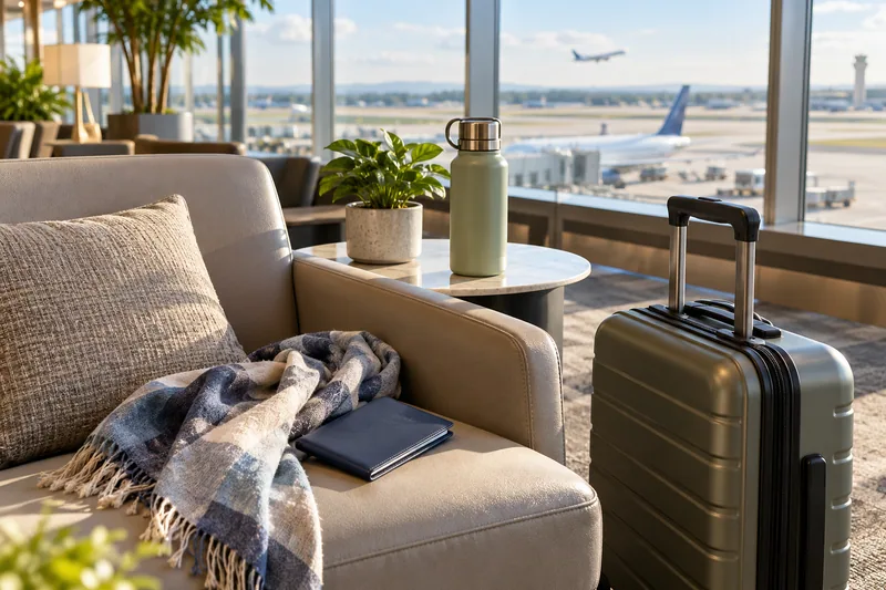 A suitcase beside seating in an airport lounge