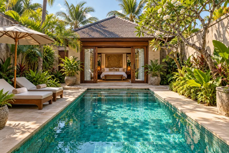 A private Bali villa courtyard and screened pool