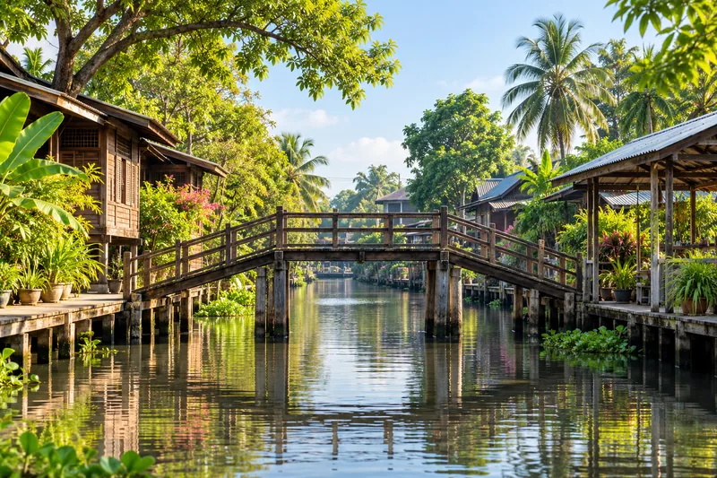 A wooden bridge over a quiet Bangkok canal