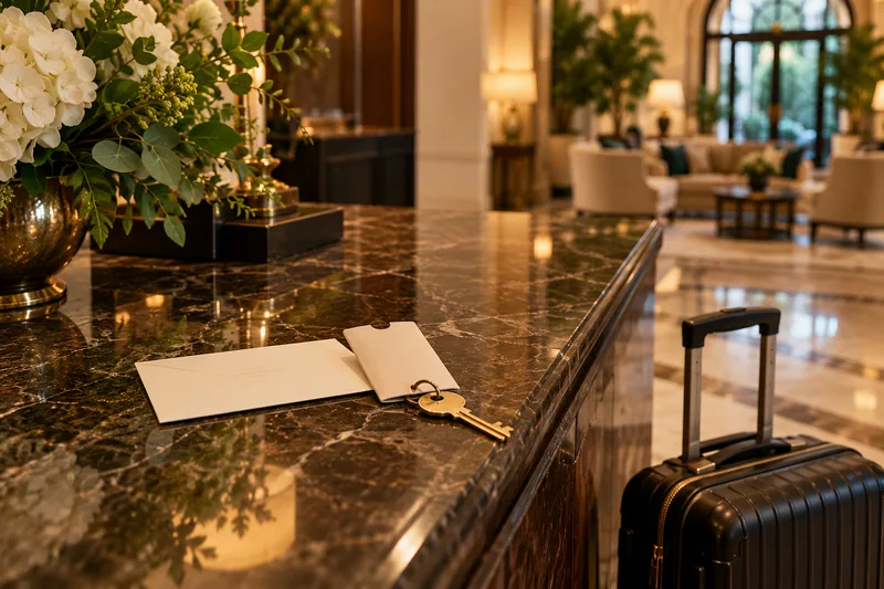 A room key and envelope at a hotel reception desk