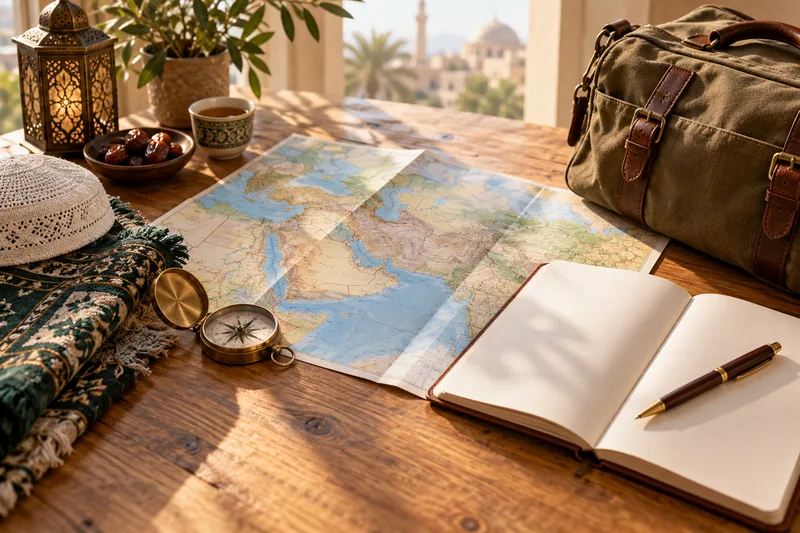 A travel map, notebook and bag on a table