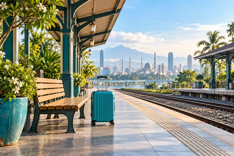 Luggage at a quiet railway platform overlooking a city