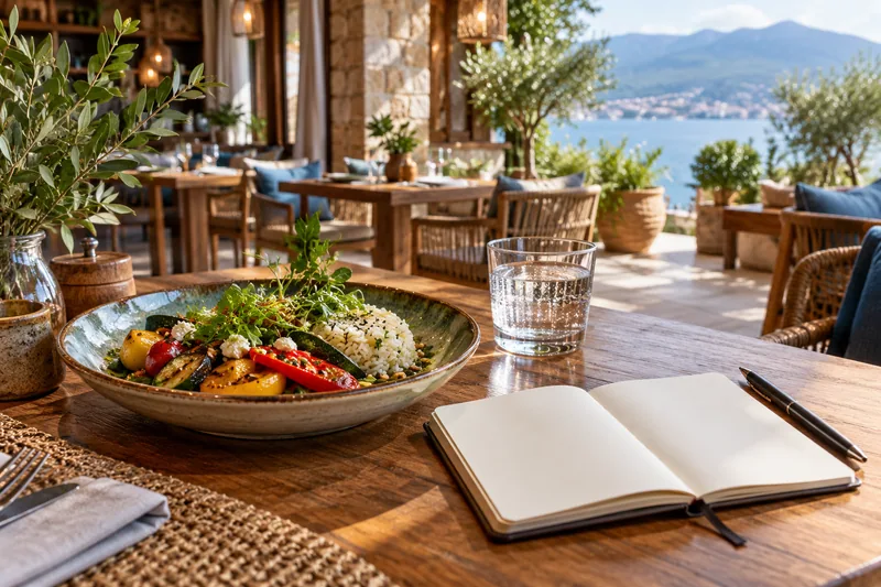 A meal beside an open notebook and pen