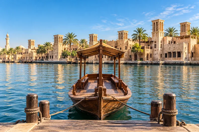 A wooden boat on the water beside Dubai wind towers