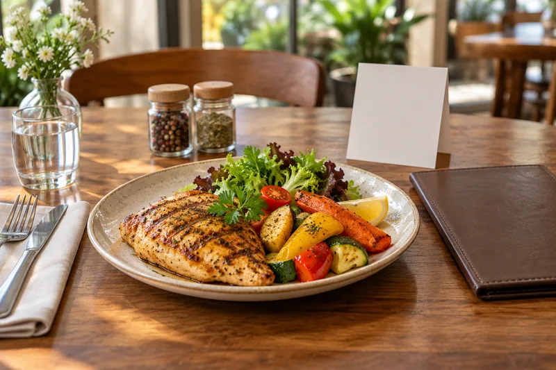 A prepared meal beside a blank table card and folder