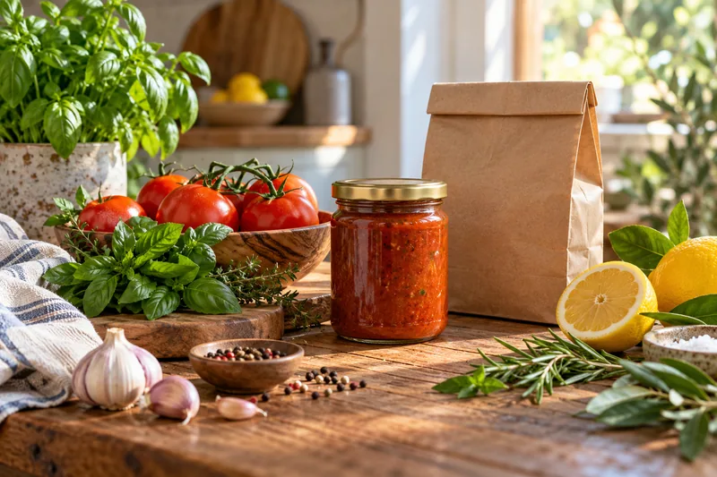Food packaging and fresh ingredients for meal checks