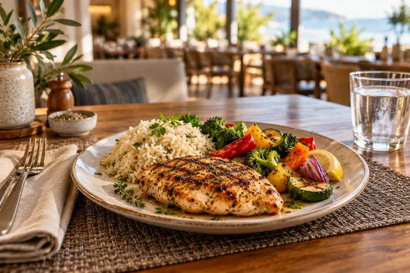 A plated meal of chicken, rice and vegetables