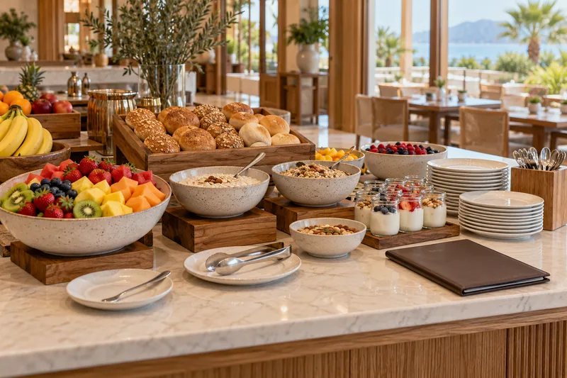 A hotel breakfast buffet with fruit, bread and cereal