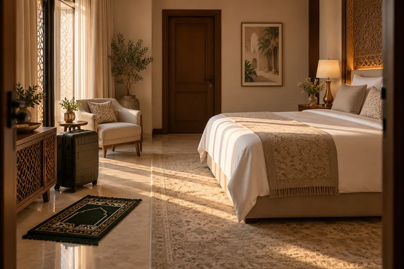 A calm hotel room with a private entry and prayer mat
