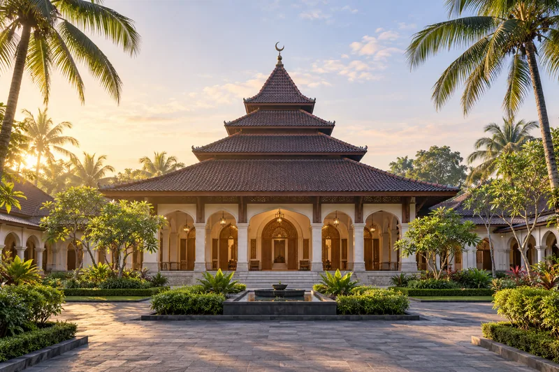 An Indonesian mosque courtyard and nearby street