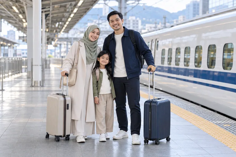 A family with luggage at a Japanese railway station