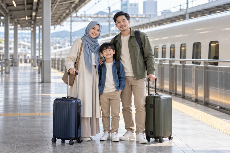 一家人带着行李站在日本铁路站