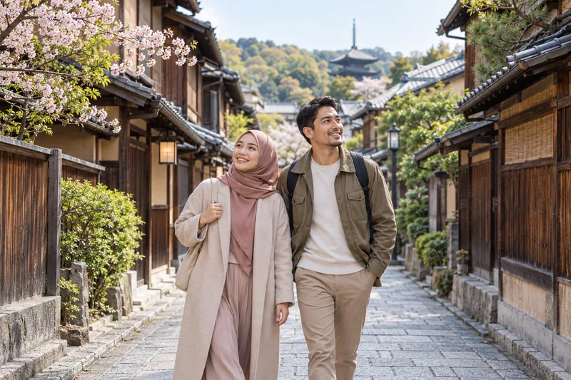 Travellers walk along a Japanese city street