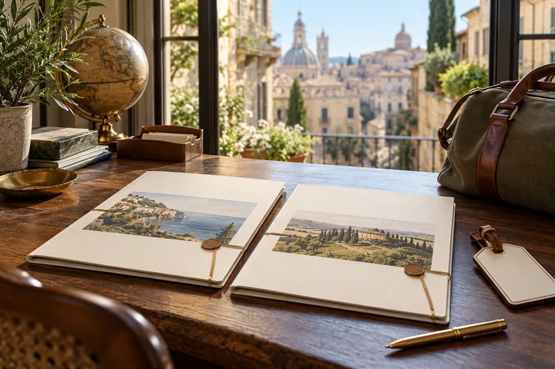 Two travel folders placed side by side on a table