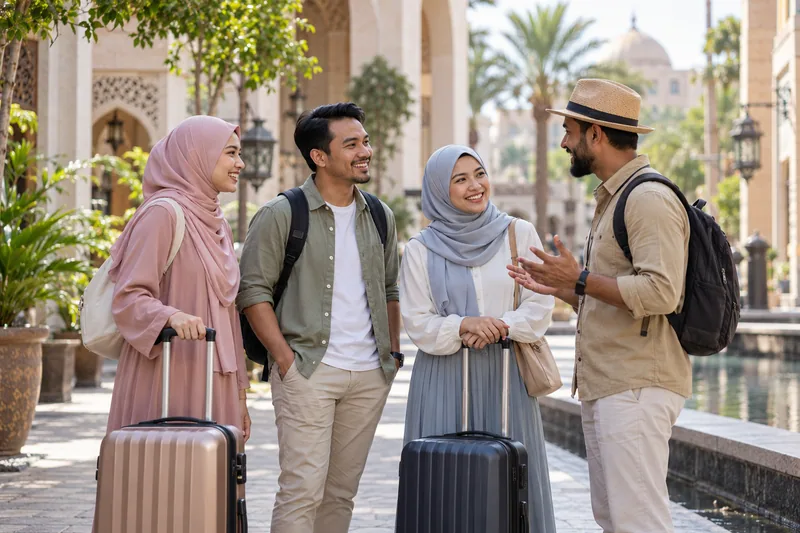 A travel group speaks with a guide beside their luggage