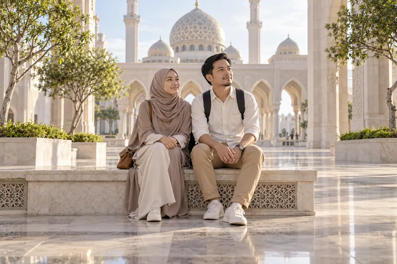 Travellers rest in a mosque courtyard