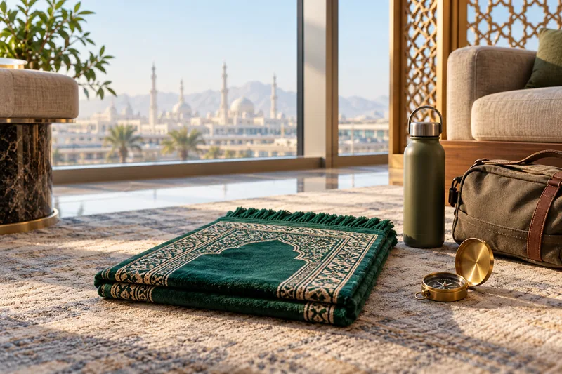 A prayer mat, water bottle and travel bag by a window