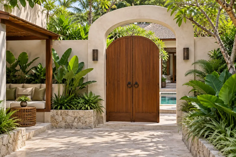 A private villa gate with a pool beyond it