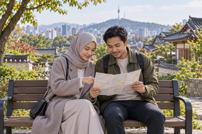 Travellers review a paper route at a Seoul rest stop