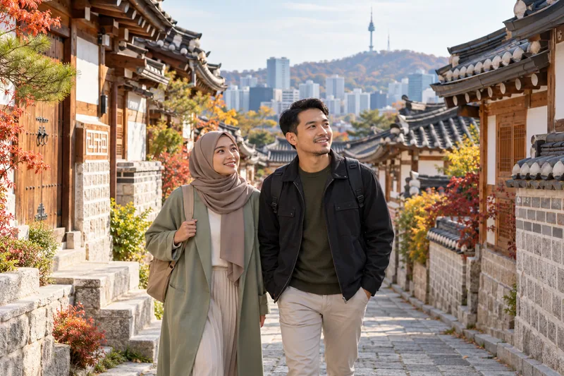 Travellers walk along a Seoul city street