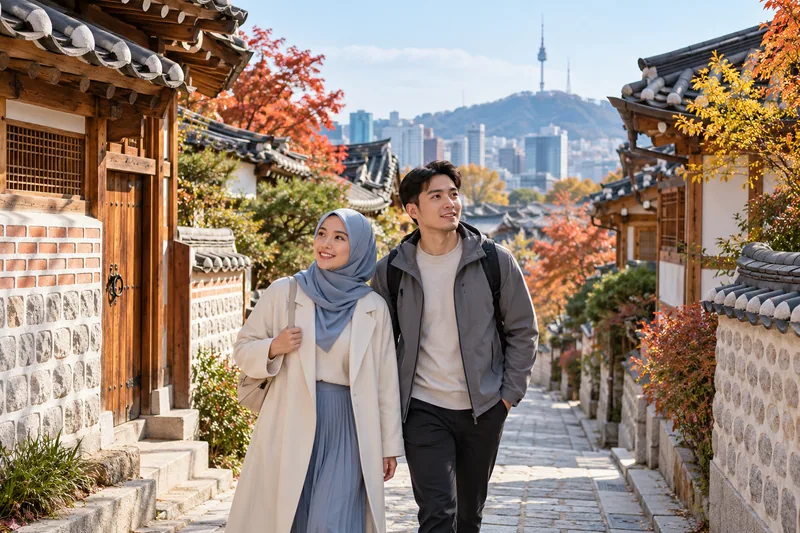旅客走在首尔城市街道上