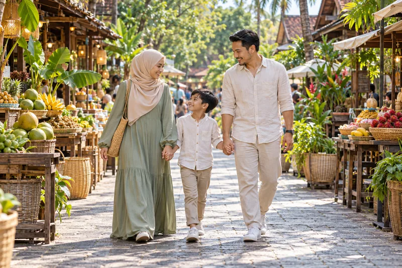 Travellers explore a Thai market street