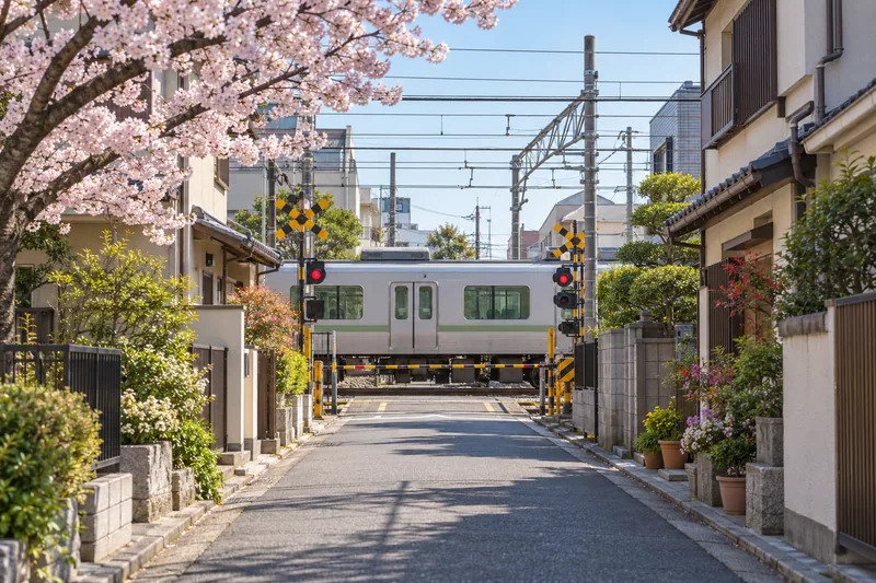 Kereta api melintasi lintasan di jalan Tokyo yang tenang
