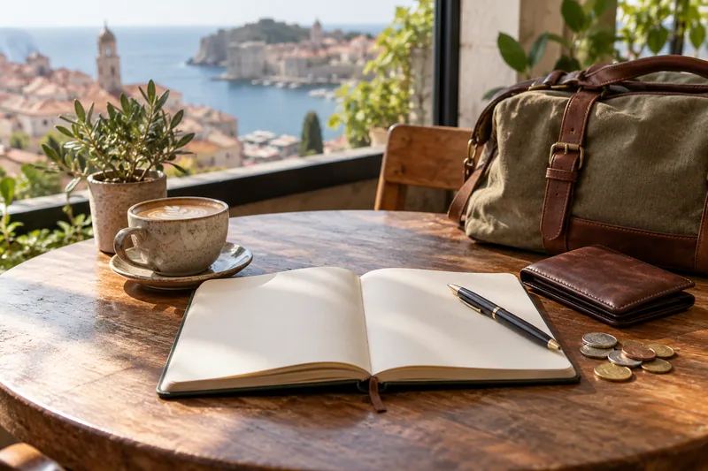 A notebook, coins and travel bag on a table