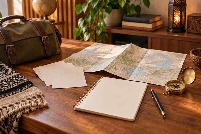 A map, notebook and pen arranged on a travel planning table