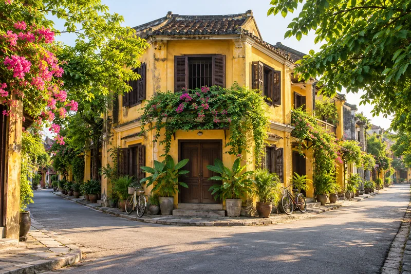 A quiet street with a yellow building in Vietnam